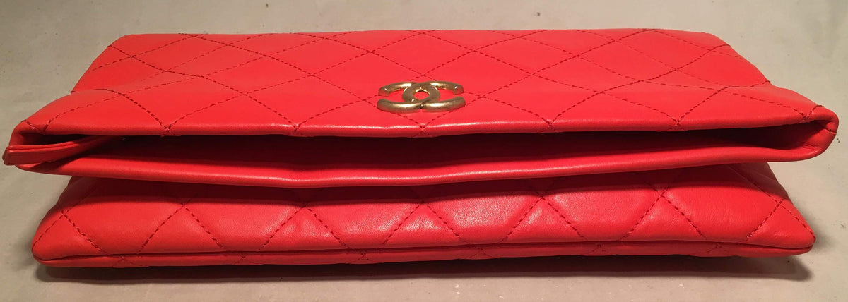 CHANEL Red Quilted Leather CC Fold Over Clutch