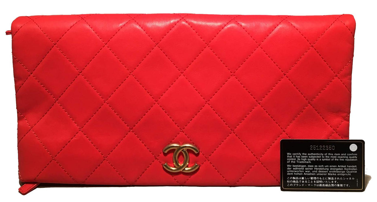 CHANEL Red Quilted Leather CC Fold Over Clutch