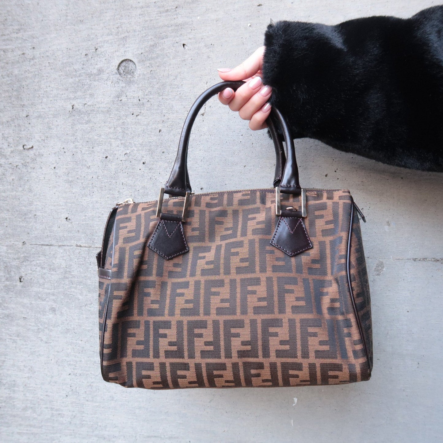 FENDI Zucca Canvas Leather Mini Boston Bag Black Brown 8BL104