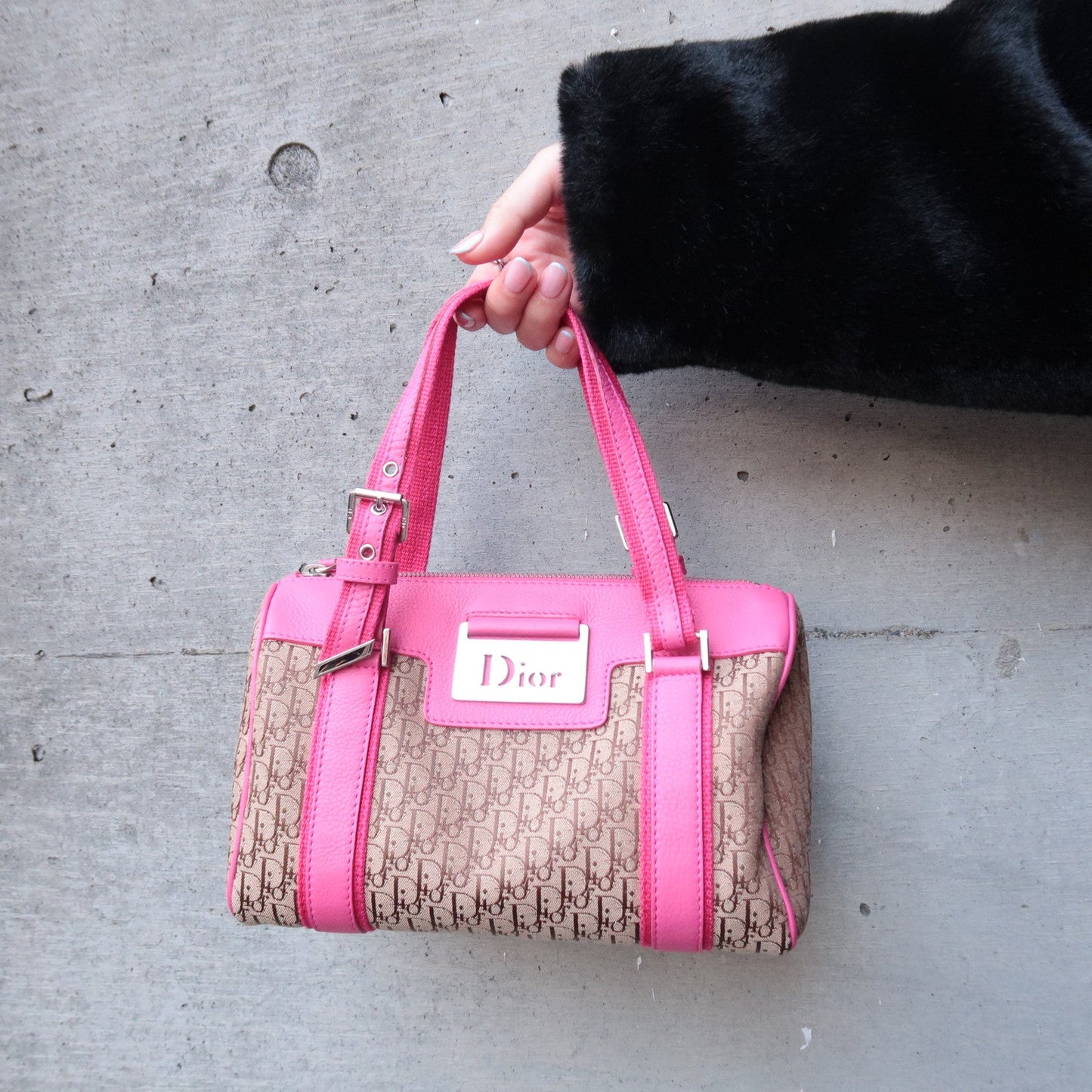 Christian Dior Trotter Canvas Leather Boston Bag Beige Pink