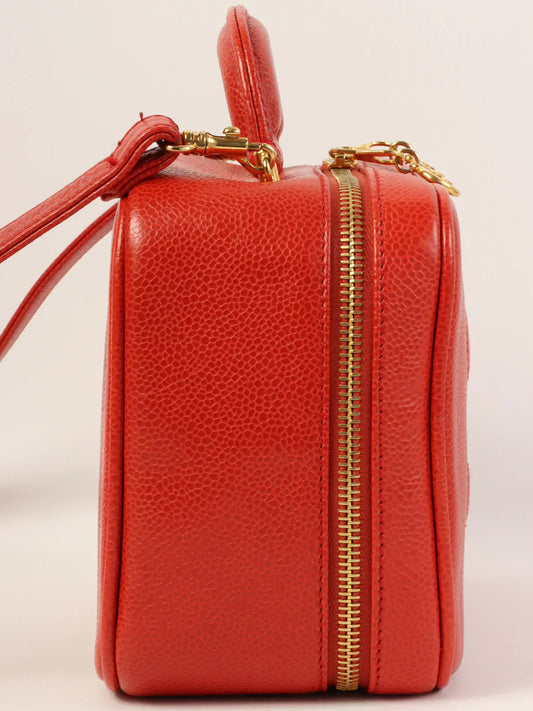 CHANEL Around 1998 Made Caviar Skin Cc Mark Stitch 2Way Vanity Red