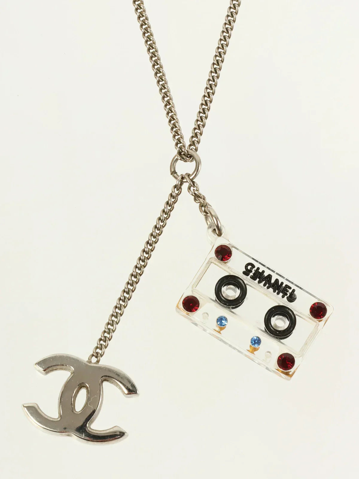 CHANEL 2004 Made Rhinestone Cassette Tape Plate Cc Mark Necklace Silver