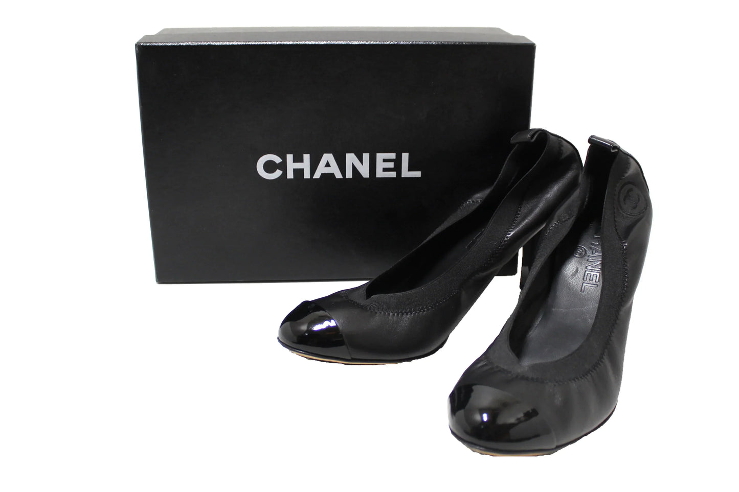 Chanel Black Leather Elastic Cap-Toe CC Scrunch Ballet Pumps Size 40.5