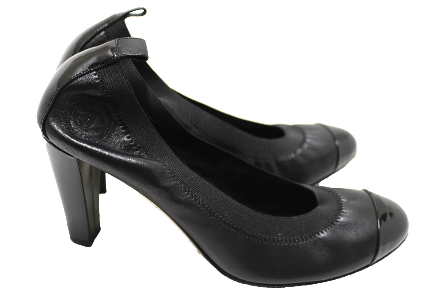 Chanel Black Leather Elastic Cap-Toe CC Scrunch Ballet Pumps Size 40.5