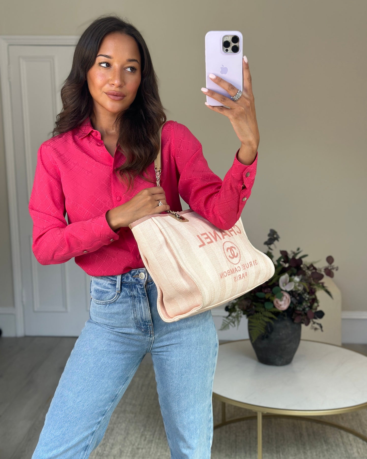 Chanel Small Pink Stripe Canvas Deauville Tote Bag with Logo Print and Champagne Gold Hardware