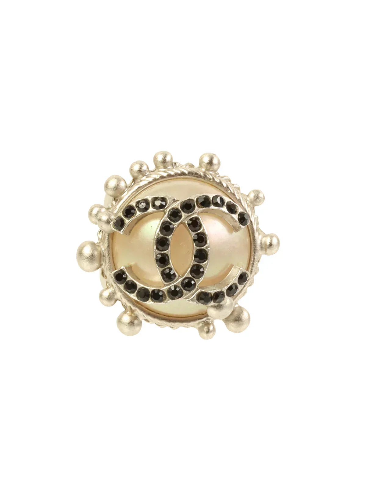 CHANEL 2002 Made Rhinestone Cc Mark Pearl Ring Silver