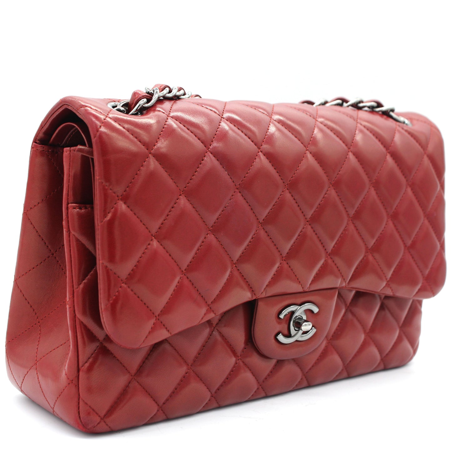 Chanel Classic Jumbo Double Flap Red Lambskin Leather Bag