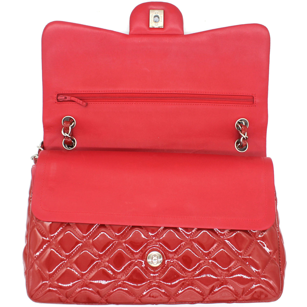 Chanel Quilted Jumbo Double Flap Patent Leather Red