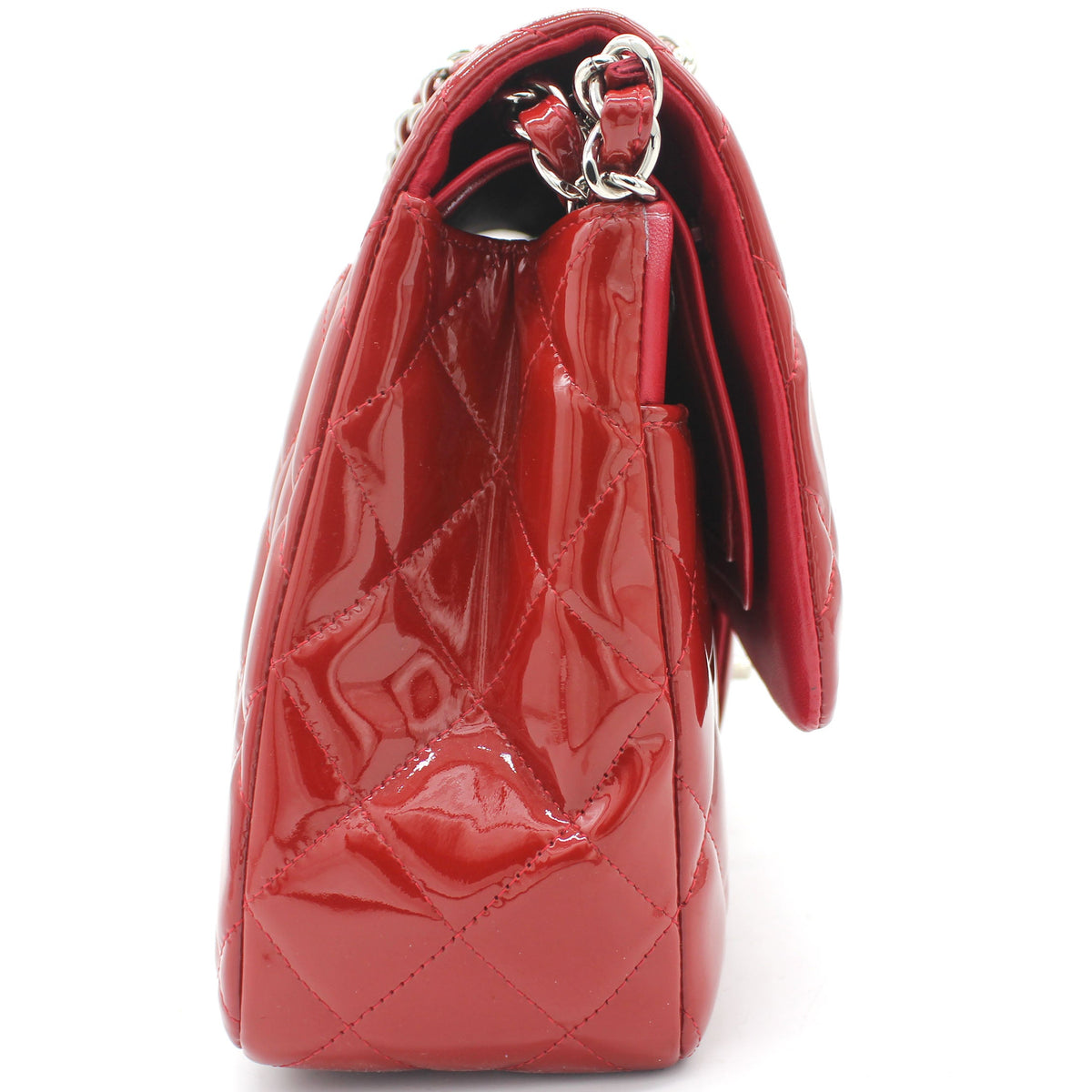 Chanel Quilted Jumbo Double Flap Patent Leather Red