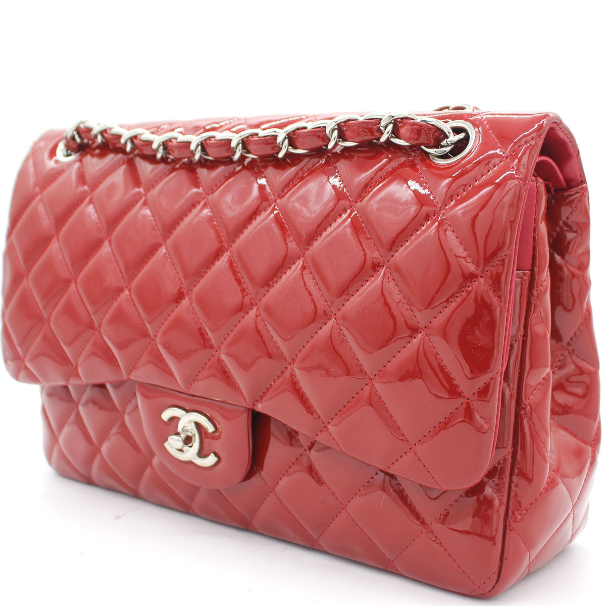 Chanel Quilted Jumbo Double Flap Patent Leather Red