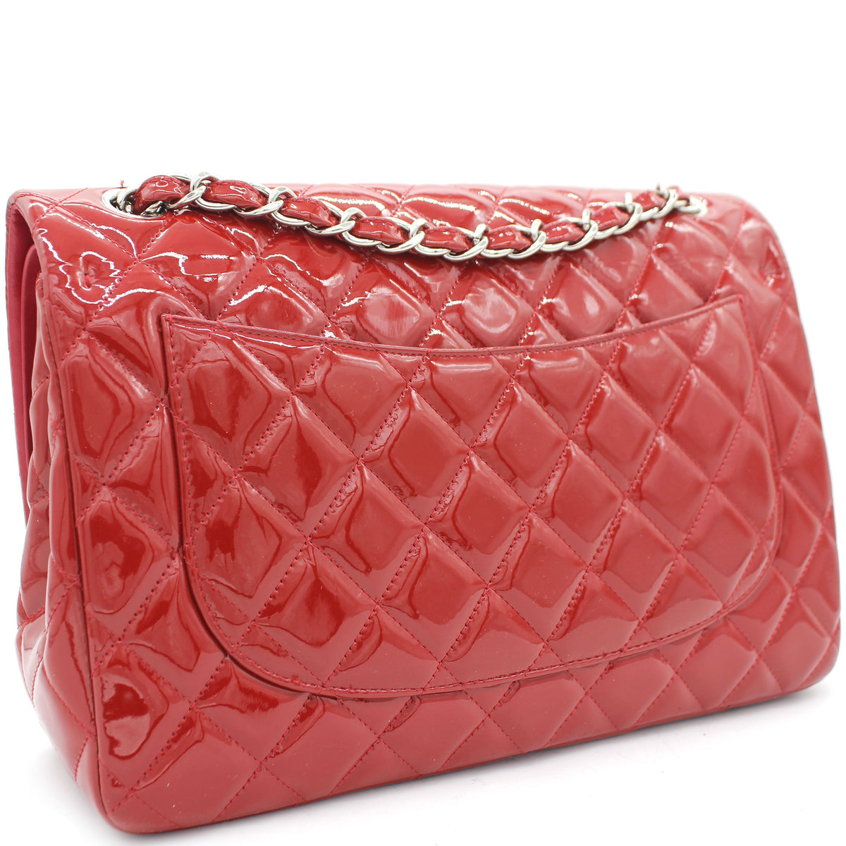 Chanel Quilted Jumbo Double Flap Patent Leather Red