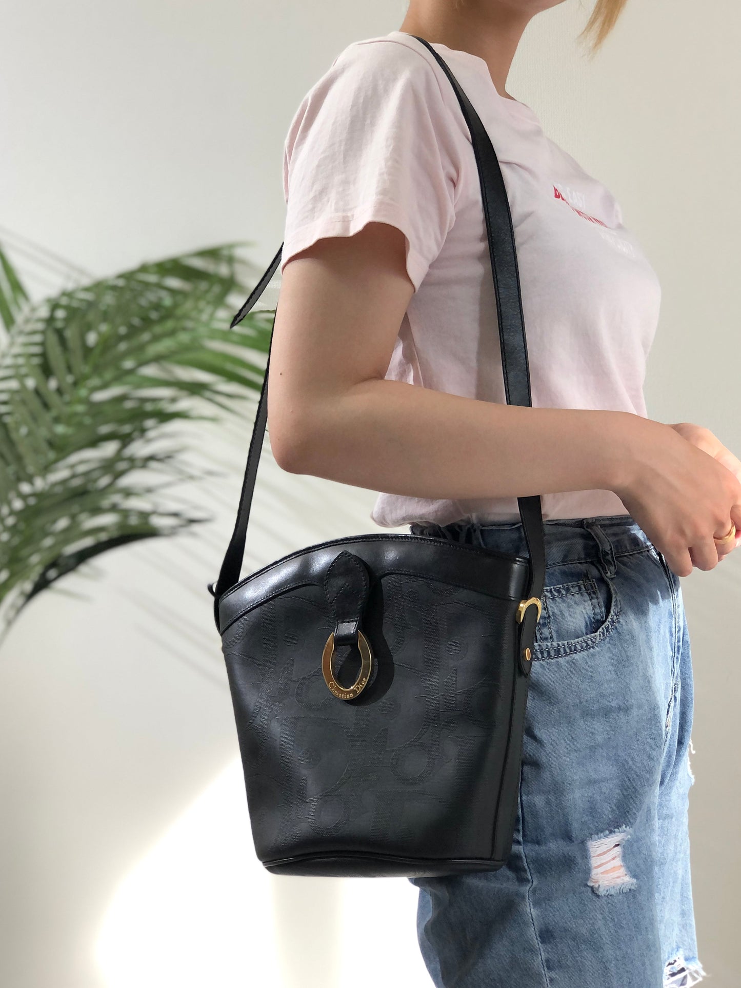 Christian Dior Logo Pattern Bucket Shoulder bag Black Vintage Old y42cbj