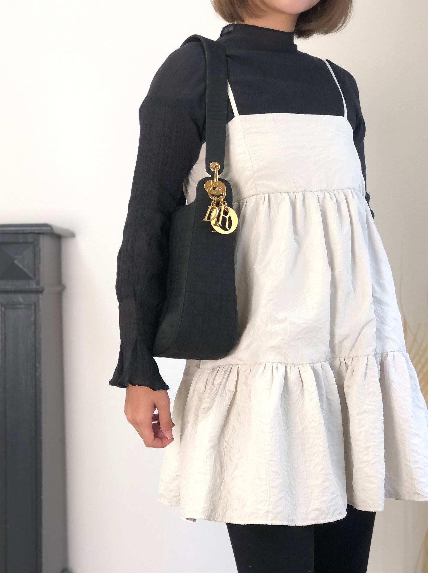 Christian Dior Cannage Logo Charm Shoulder bag Black Vintage jbwgb7