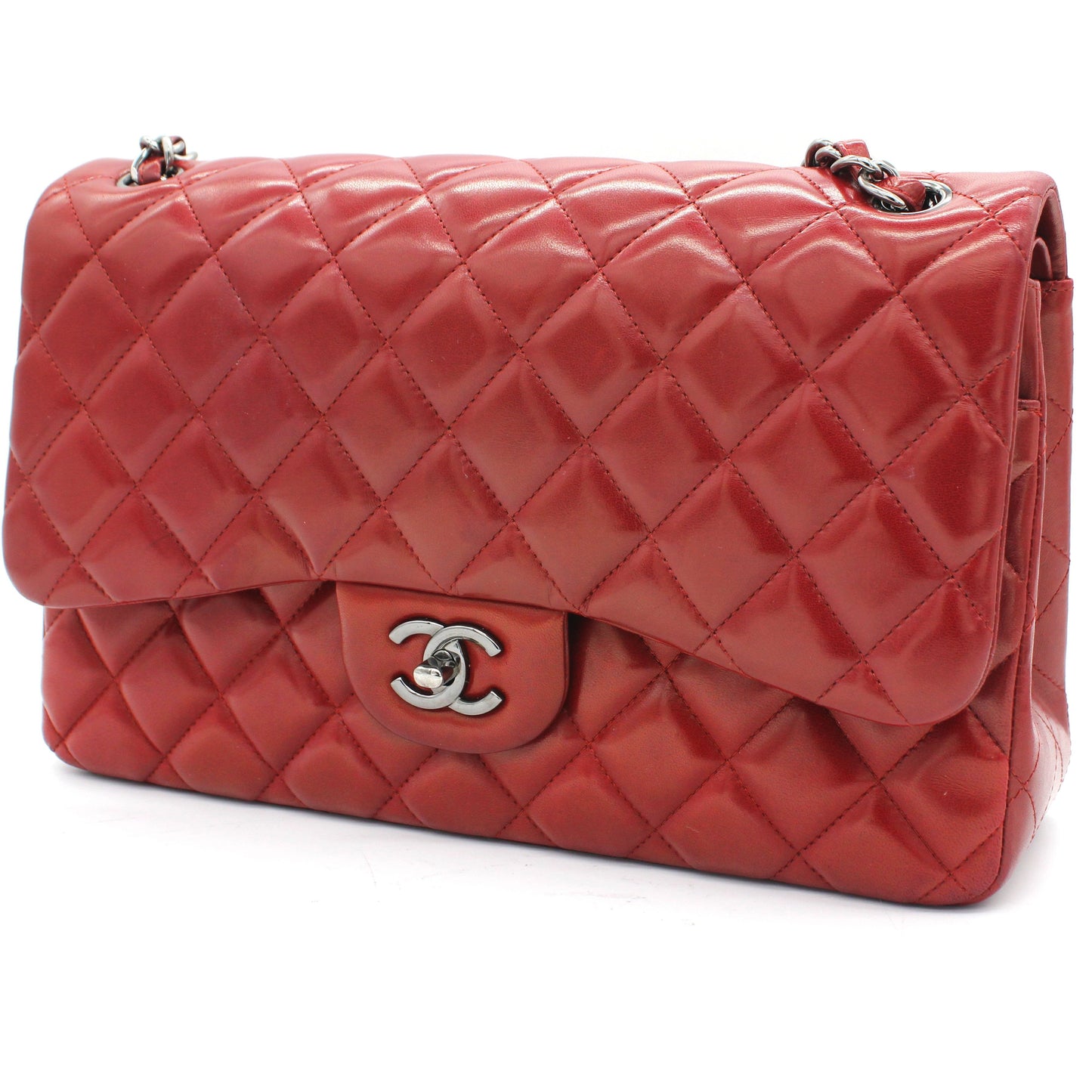 Chanel Classic Jumbo Double Flap Red Lambskin Leather Bag