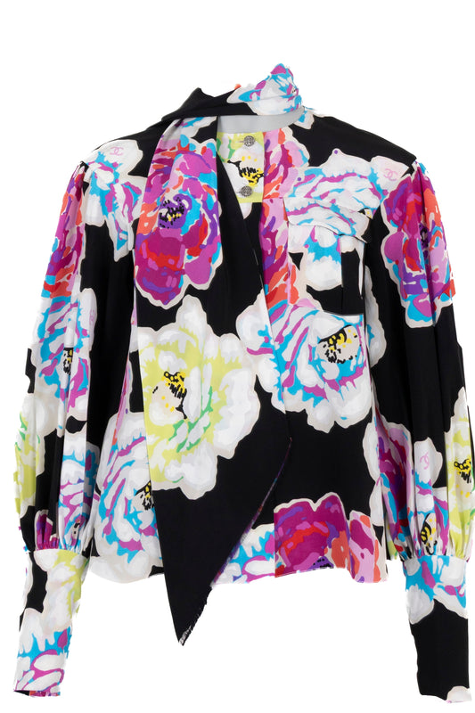 CHANEL 2010 Shawl Collar Camellia Silk Blouse Multicolor