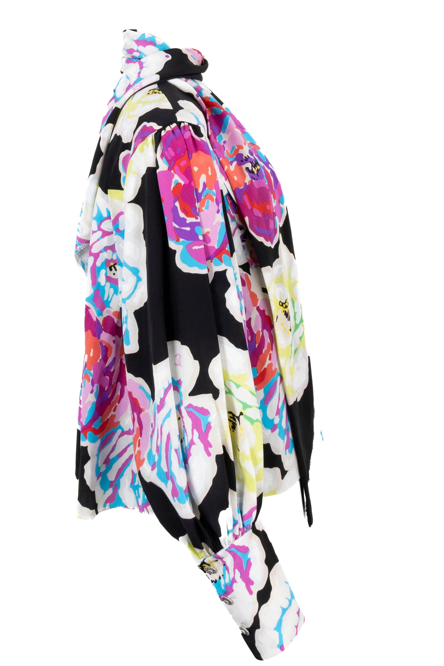 CHANEL 2010 Shawl Collar Camellia Silk Blouse Multicolor