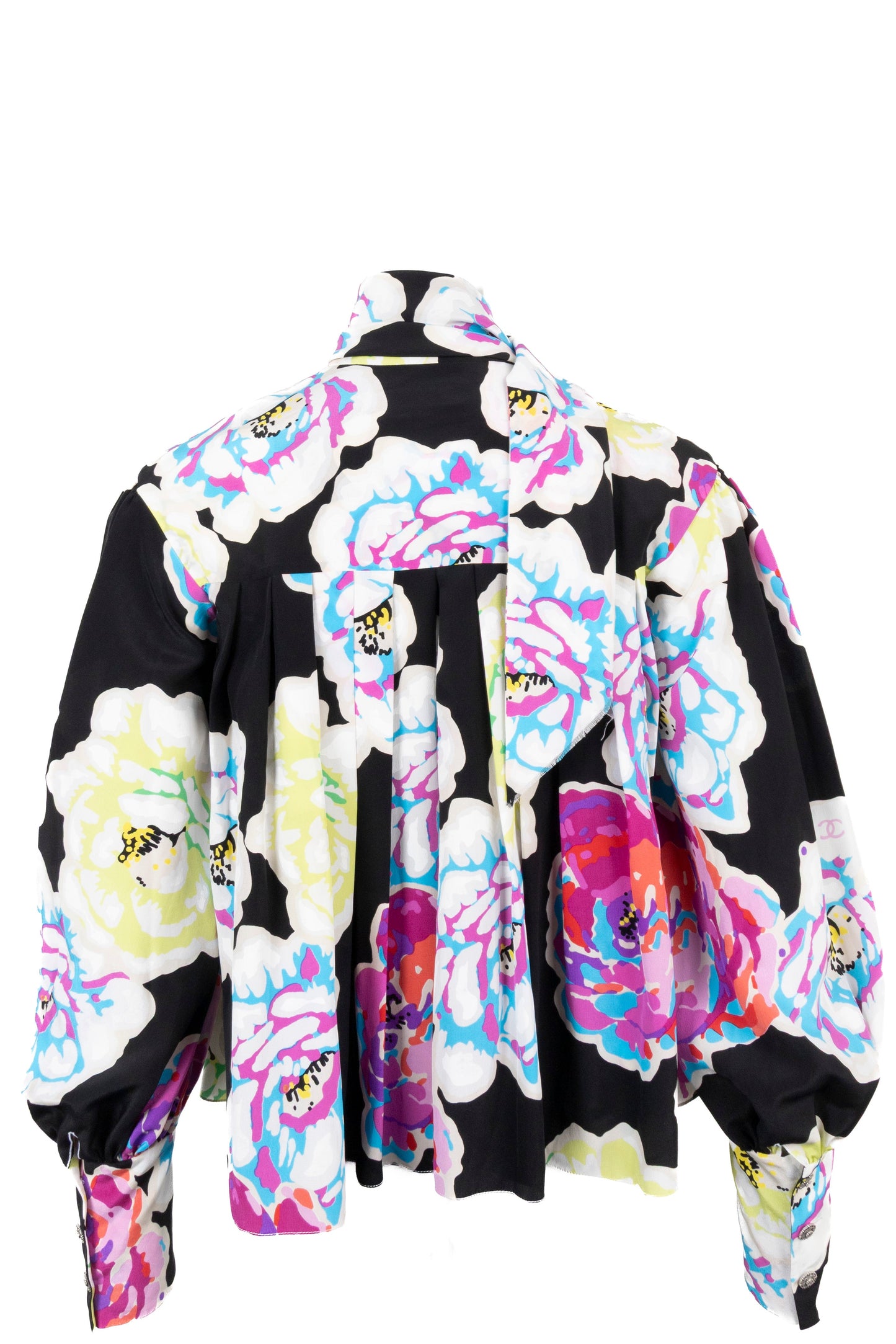 CHANEL 2010 Shawl Collar Camellia Silk Blouse Multicolor