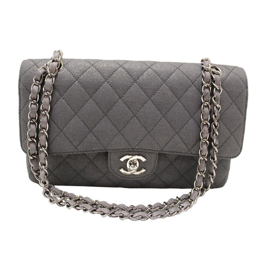 Chanel Grey Glitter Canvas Medium Classic Flap Shoulder Chain Bag