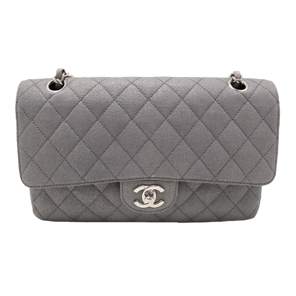 Chanel Grey Glitter Canvas Medium Classic Flap Shoulder Chain Bag