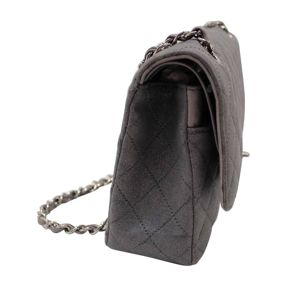 Chanel Grey Glitter Canvas Medium Classic Flap Shoulder Chain Bag