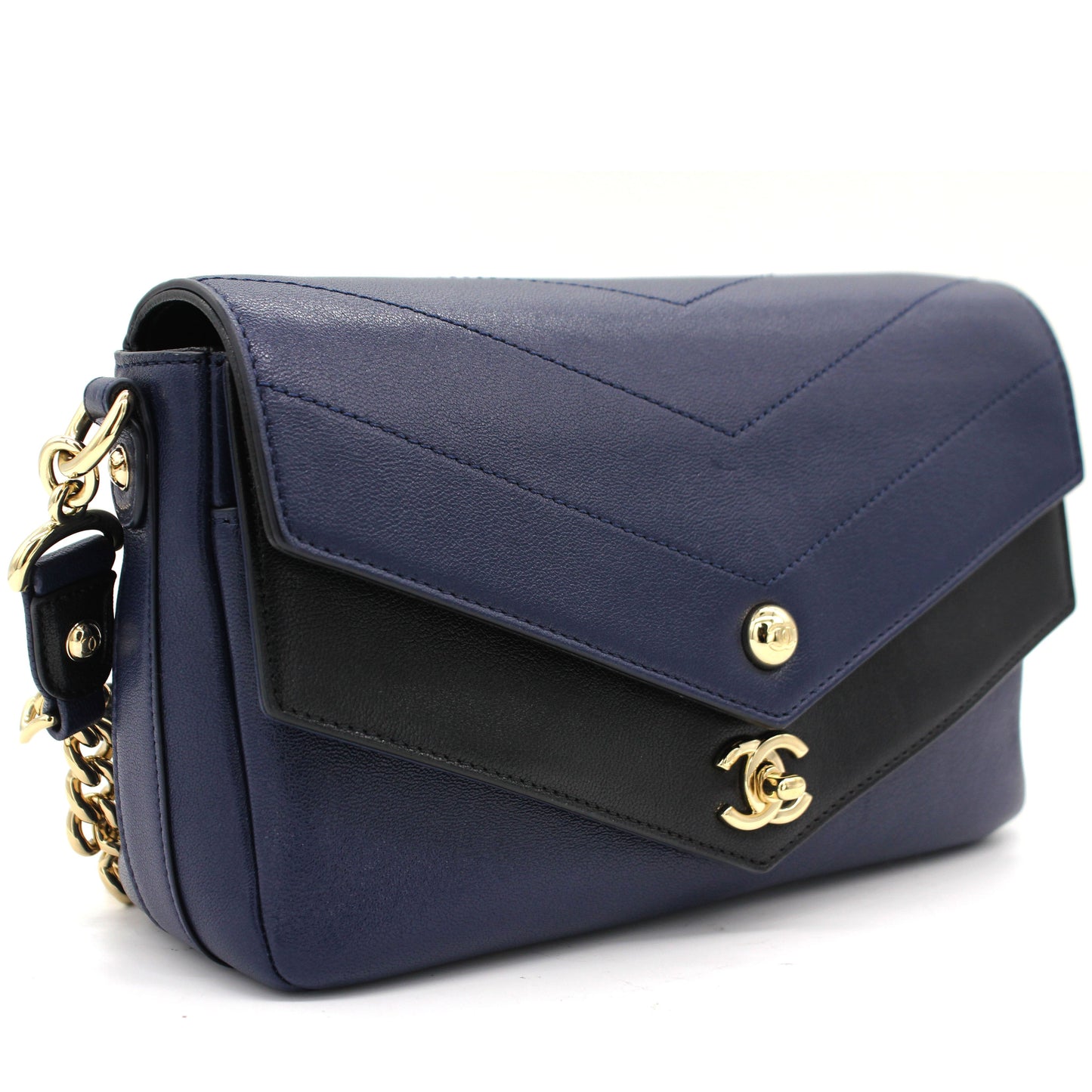 Chanel CC Envelope Flap Crossbody Chevron Calfskin Small Navy Black