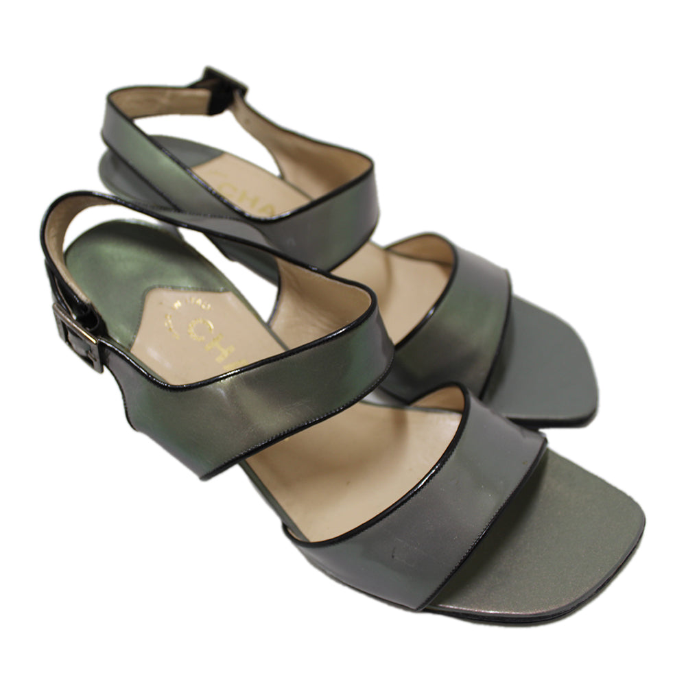 Chanel Grey Leather Strappy Sandal Shoes Size 37