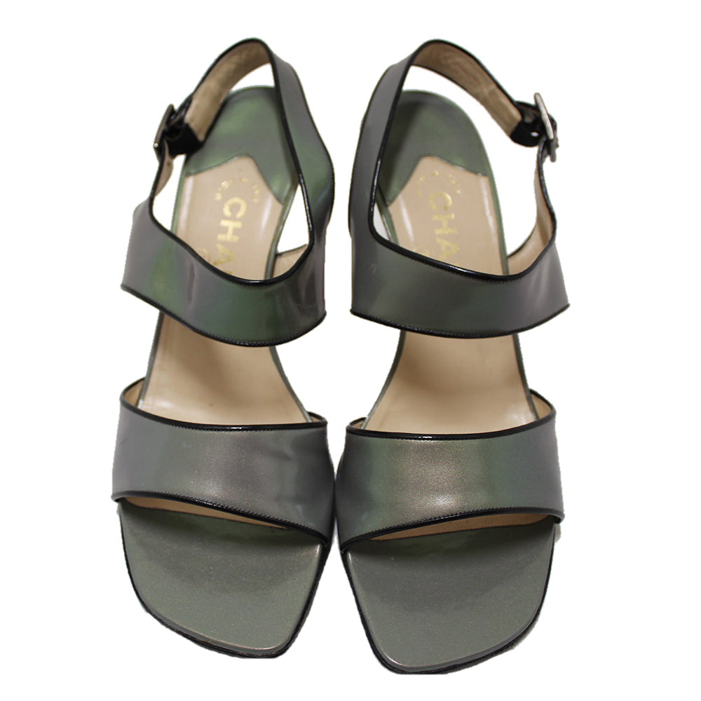 Chanel Grey Leather Strappy Sandal Shoes Size 37