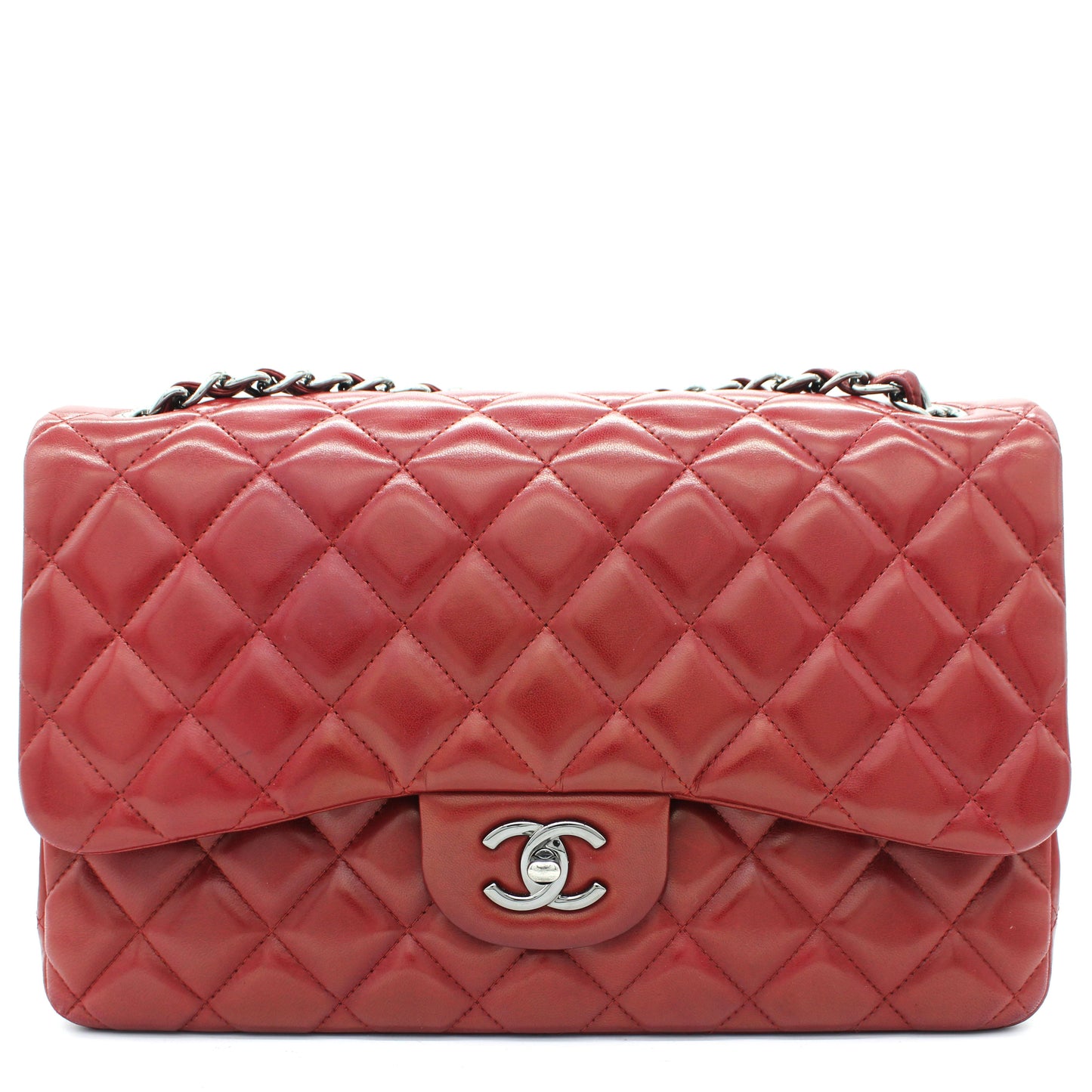 Chanel Classic Jumbo Double Flap Red Lambskin Leather Bag