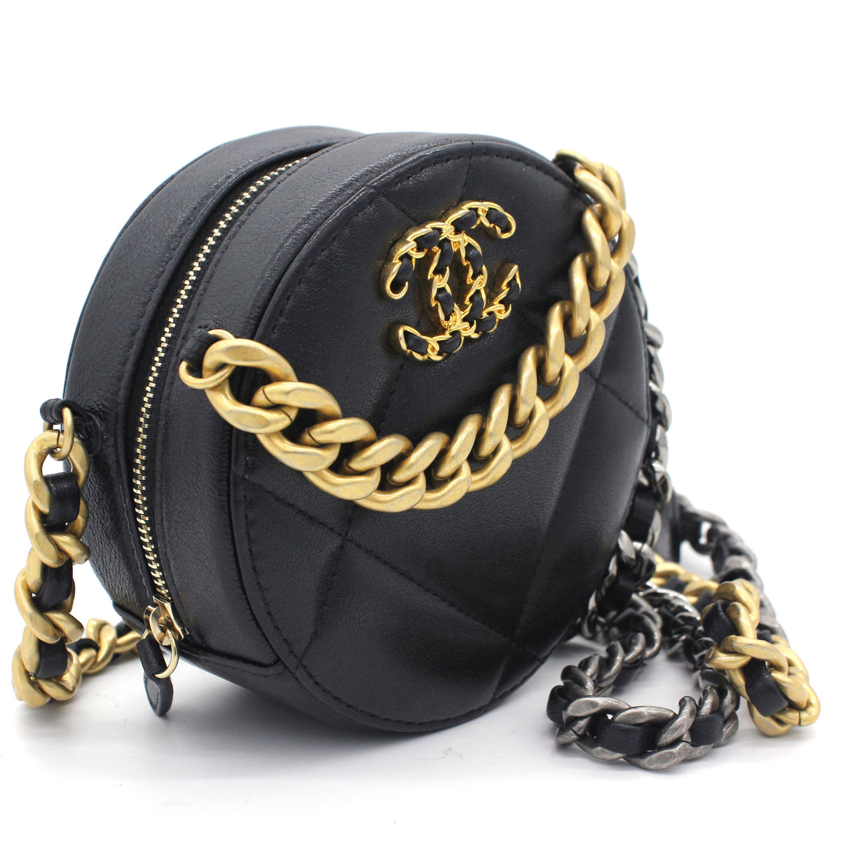 Chanel Lambskin Quilted 19 Round Clutch With Chain Black