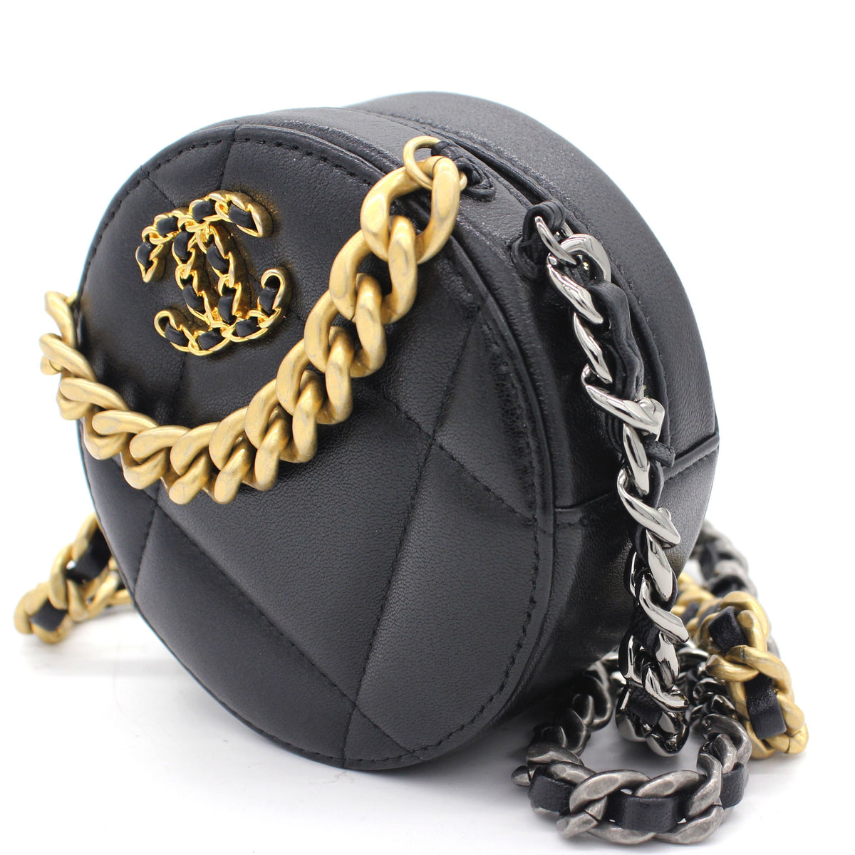 Chanel Lambskin Quilted 19 Round Clutch With Chain Black