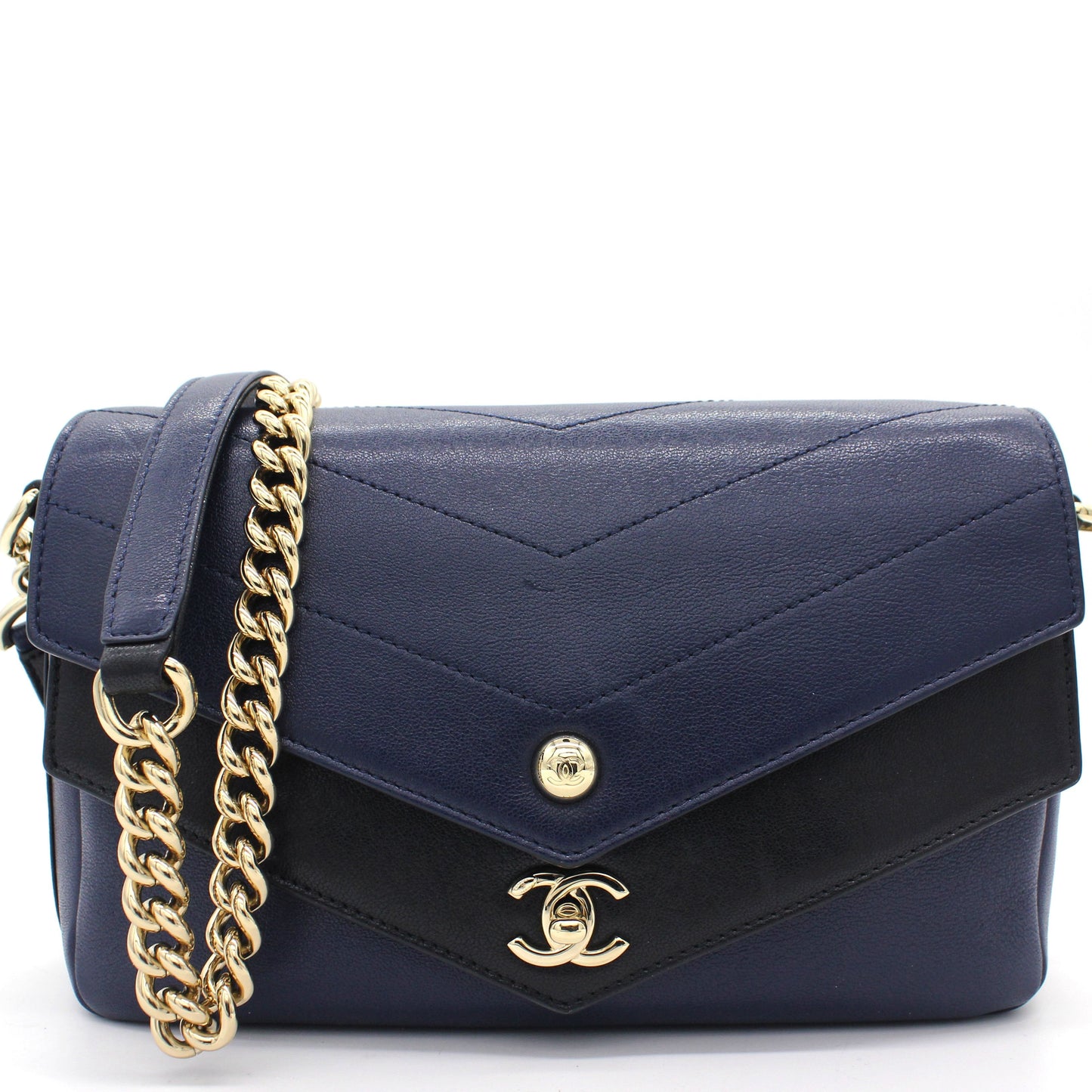Chanel CC Envelope Flap Crossbody Chevron Calfskin Small Navy Black