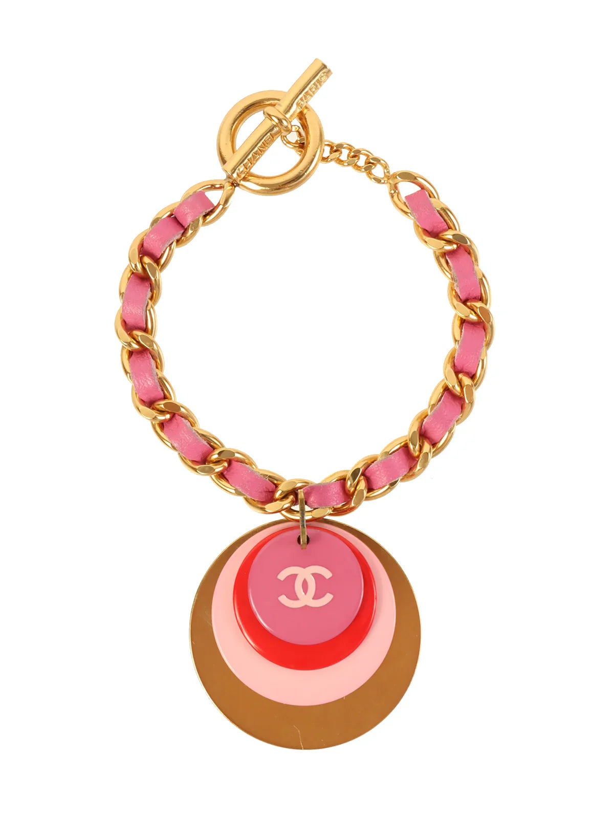 CHANEL 2001 Made Round Cc Mark Plate Chain Braclet Gold/Pink/Red