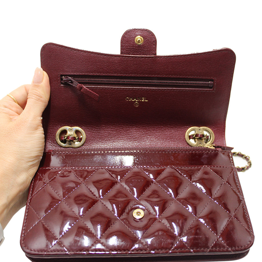 Chanel Burgundy Patent Leather Wallet on Chain WOC Messenger Bag