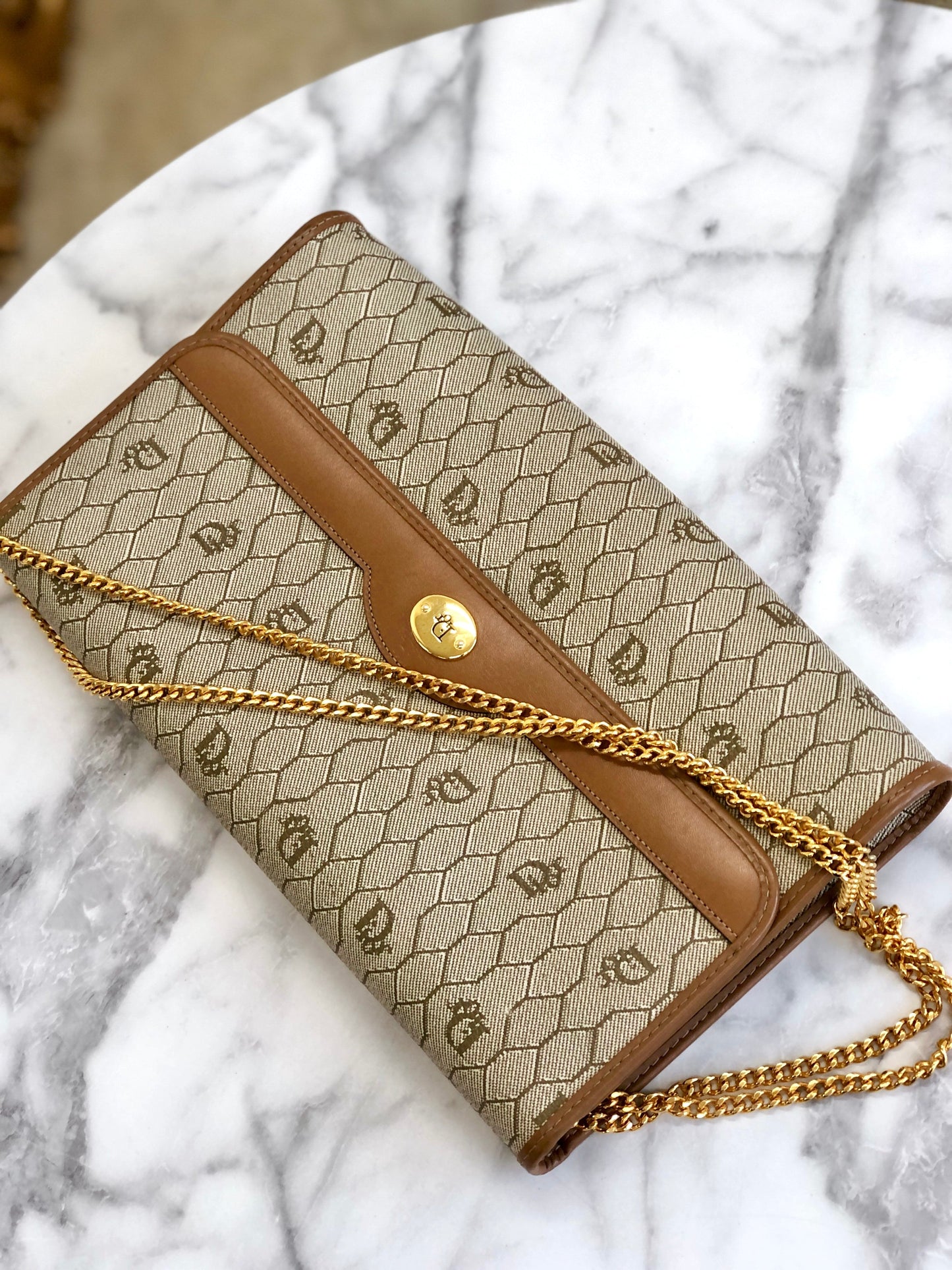 Christian Dior Logo Honeycomb Pattern Chain Crossbody Shoulderbag Beige Vintage Old ga84w7