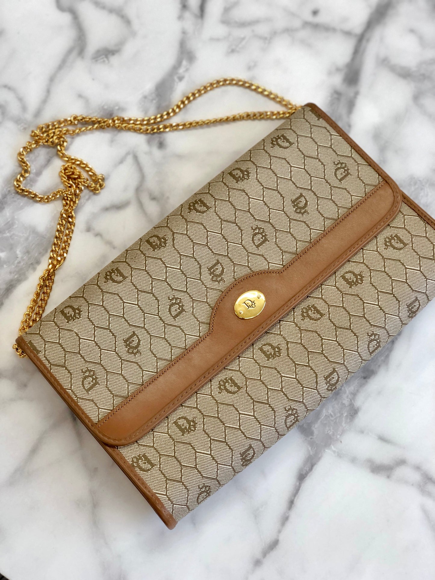 Christian Dior Logo Honeycomb Pattern Chain Crossbody Shoulderbag Beige Vintage Old ga84w7