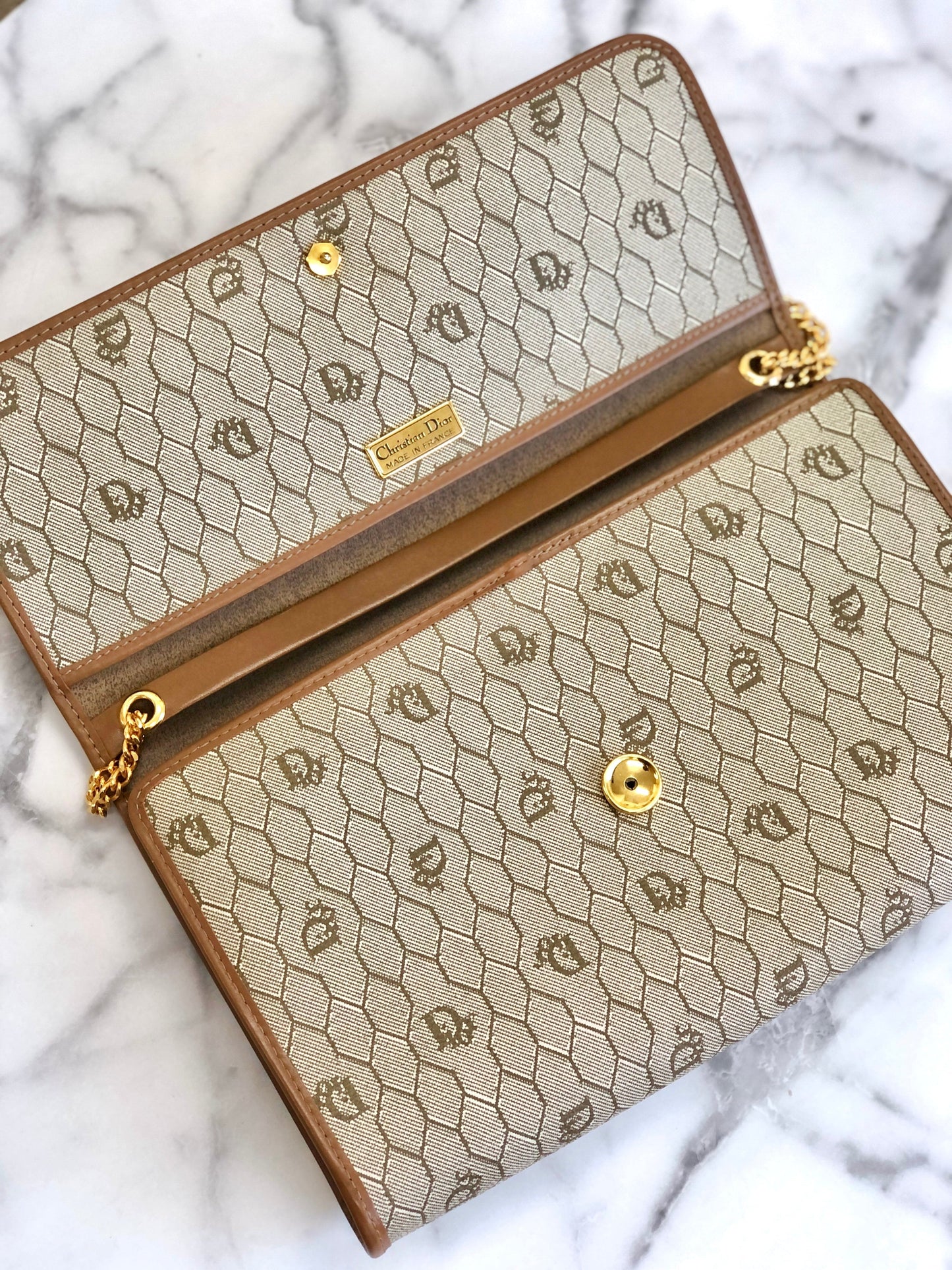 Christian Dior Logo Honeycomb Pattern Chain Crossbody Shoulderbag Beige Vintage Old ga84w7