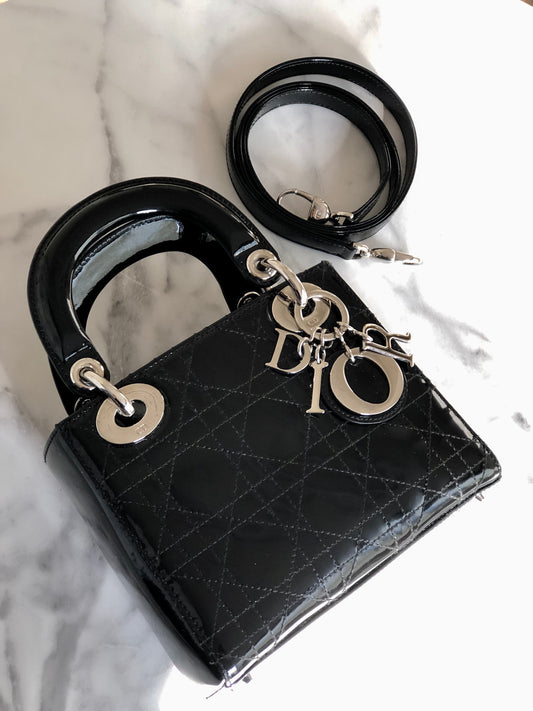 Christian Dior Cannage Lady dior Patent leather Handbag Shoulder bag Black e3i7xj