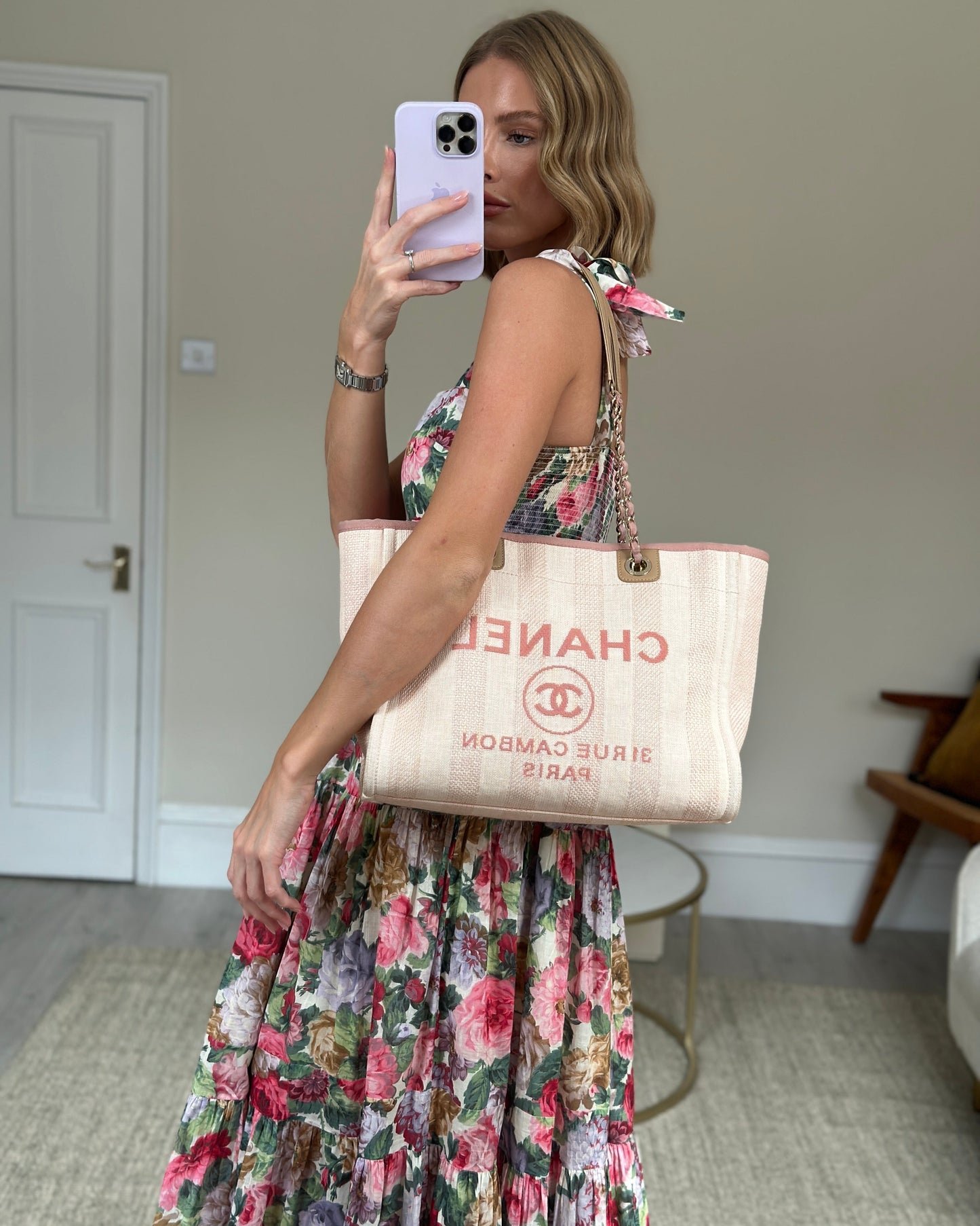 Chanel Small Pink Stripe Canvas Deauville Tote Bag with Logo Print and Champagne Gold Hardware