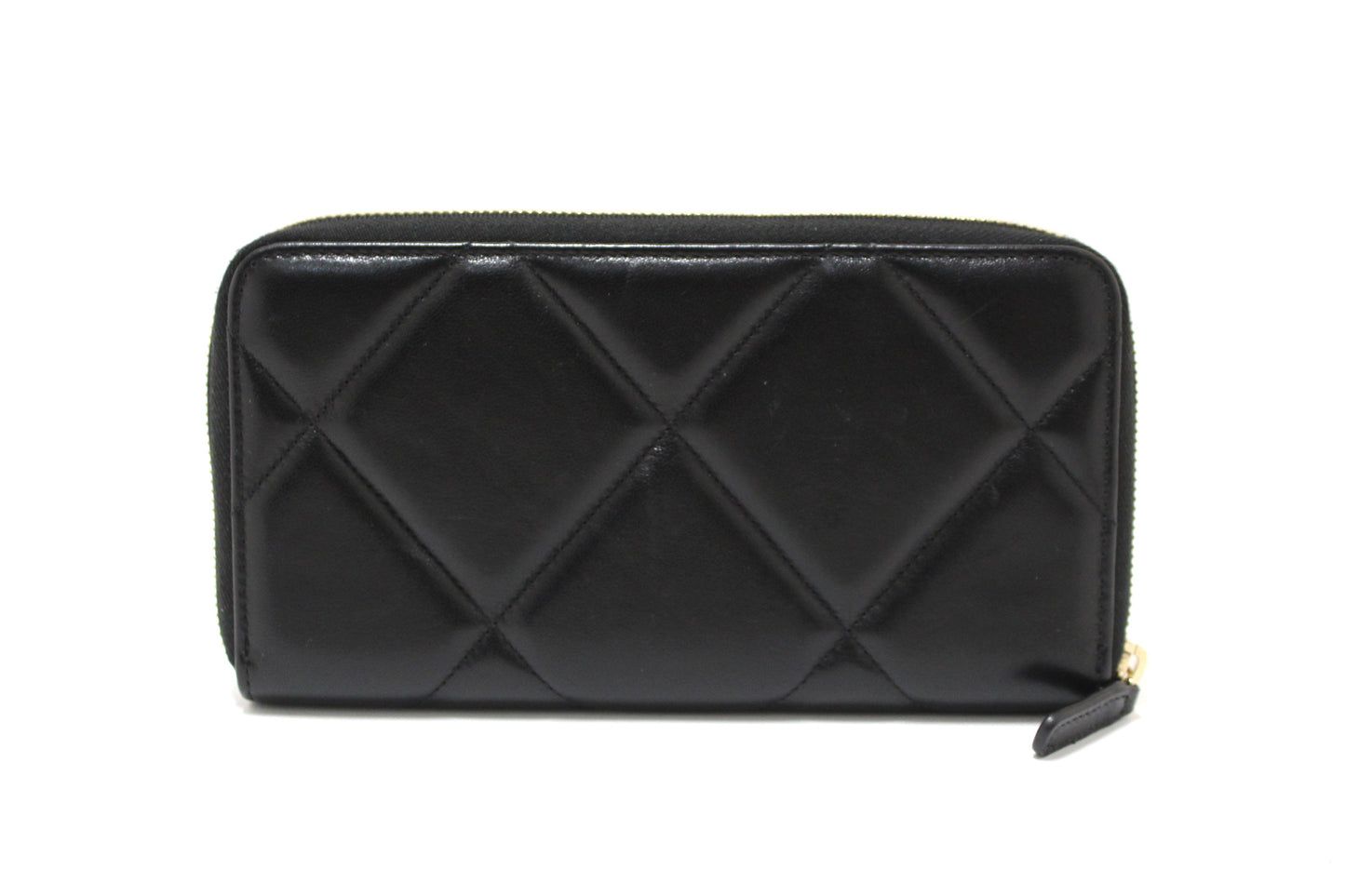Chanel  Black Quilted Lambskin Leather Long Zip Around Wallet