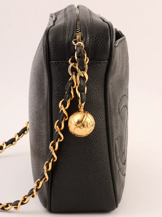 CHANEL Around 1995 Made Triple Cc Mark Stitch Chain Shoulder Bag Black