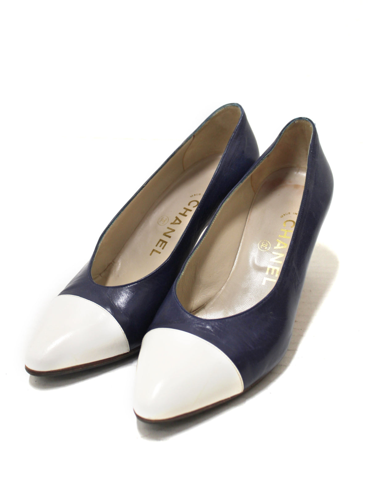 Chanel Navy and White Leather Pointed Heel size .