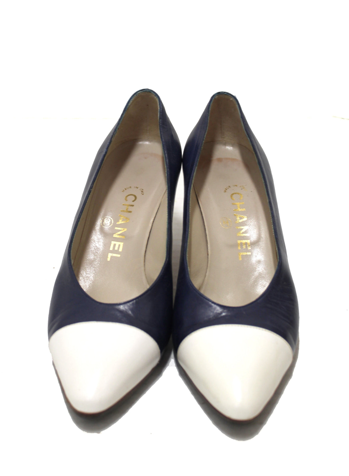 Chanel Navy and White Leather Pointed Heel size .