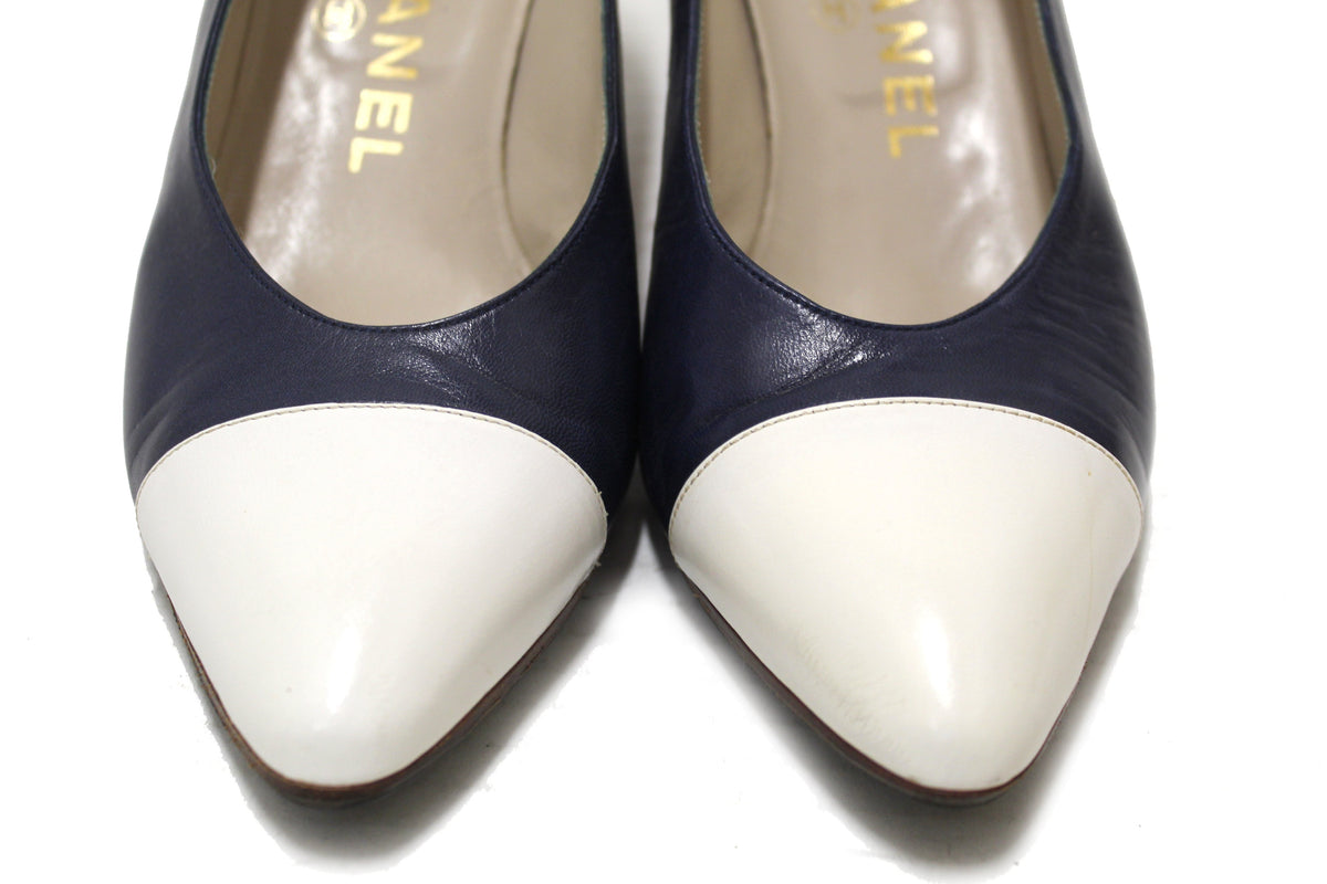 Chanel Navy and White Leather Pointed Heel size .