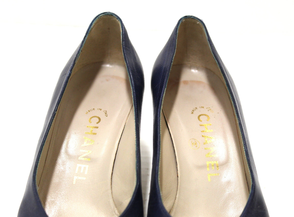 Chanel Navy and White Leather Pointed Heel size .