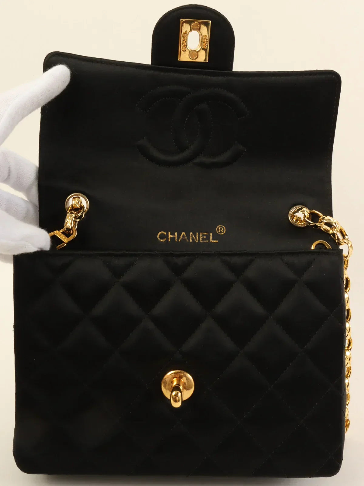 CHANEL Around 1990 Made Silk Satin Classic Flap Bijoux Chain Mini Black