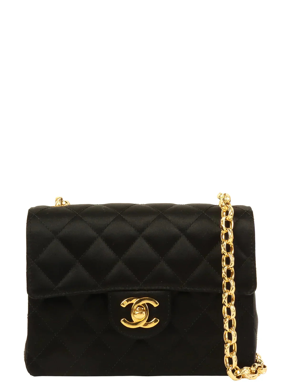 CHANEL Around 1990 Made Silk Satin Classic Flap Bijoux Chain Mini Black