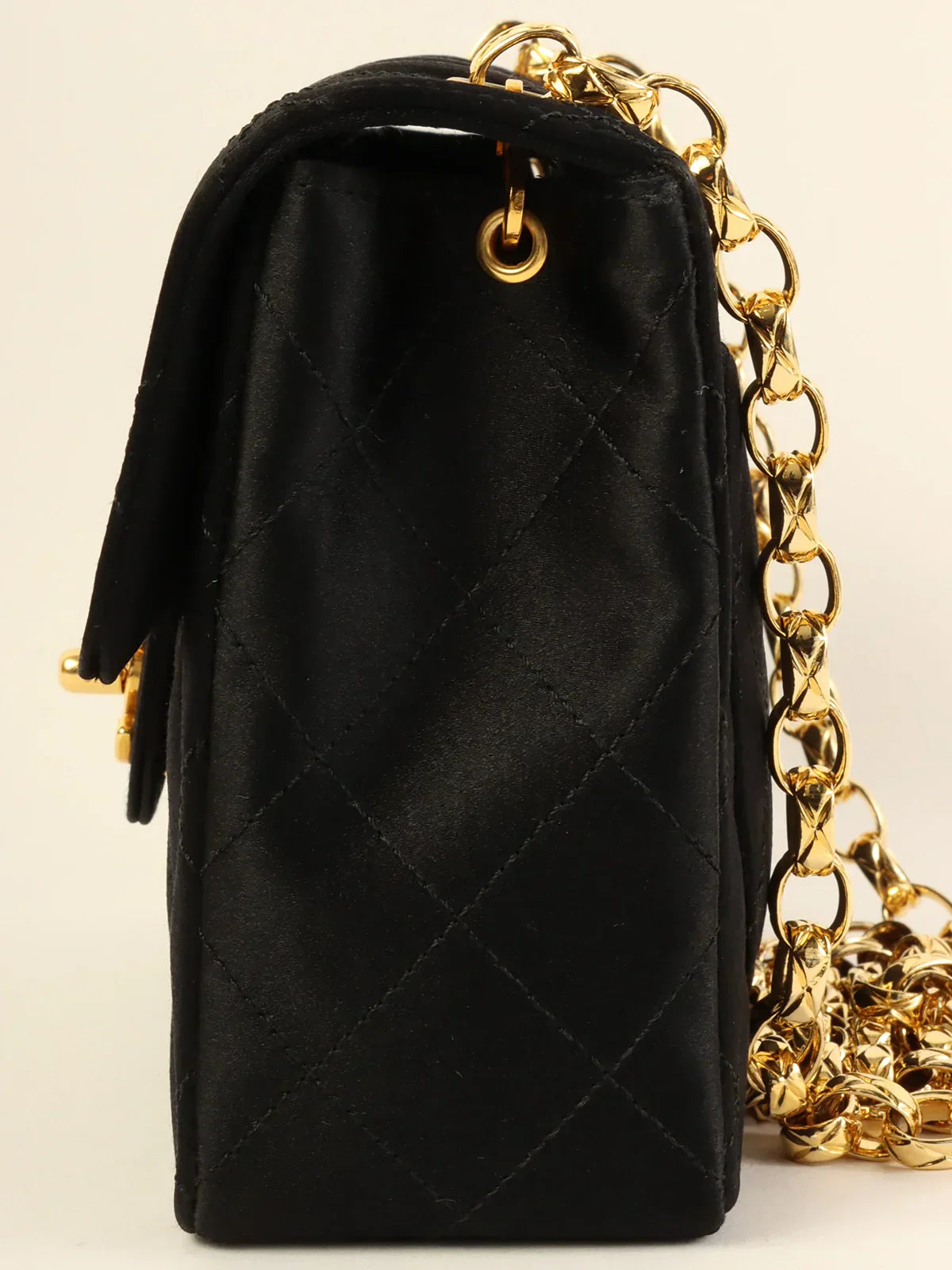 CHANEL Around 1990 Made Silk Satin Classic Flap Bijoux Chain Mini Black