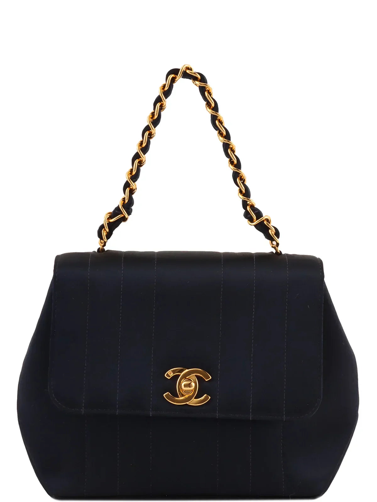 CHANEL Around 1995 Made Silk Satin Turn-Lock Top Handle Bag Navy