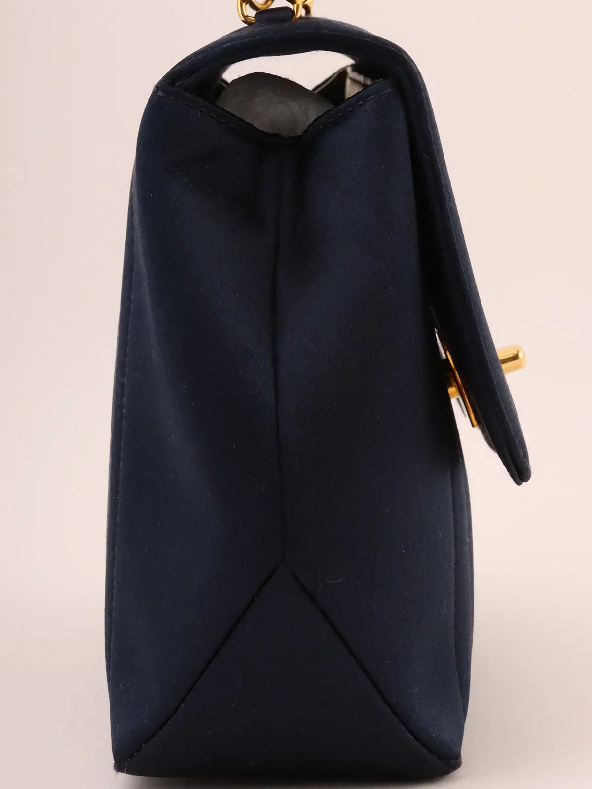 CHANEL Around 1995 Made Silk Satin Turn-Lock Top Handle Bag Navy