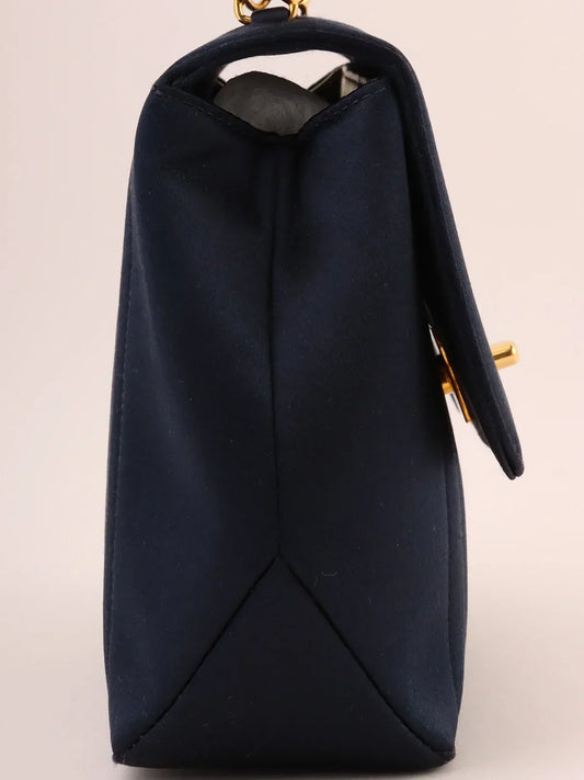 CHANEL Around 1995 Made Silk Satin Turn-Lock Top Handle Bag Navy